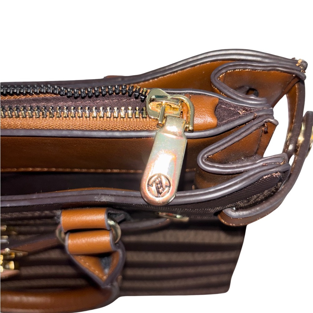 Adrienne Vittadini Chocolate Brown & Cognac Stripe Satchel w/ Gold Lock Detail - Picture 7 of 9